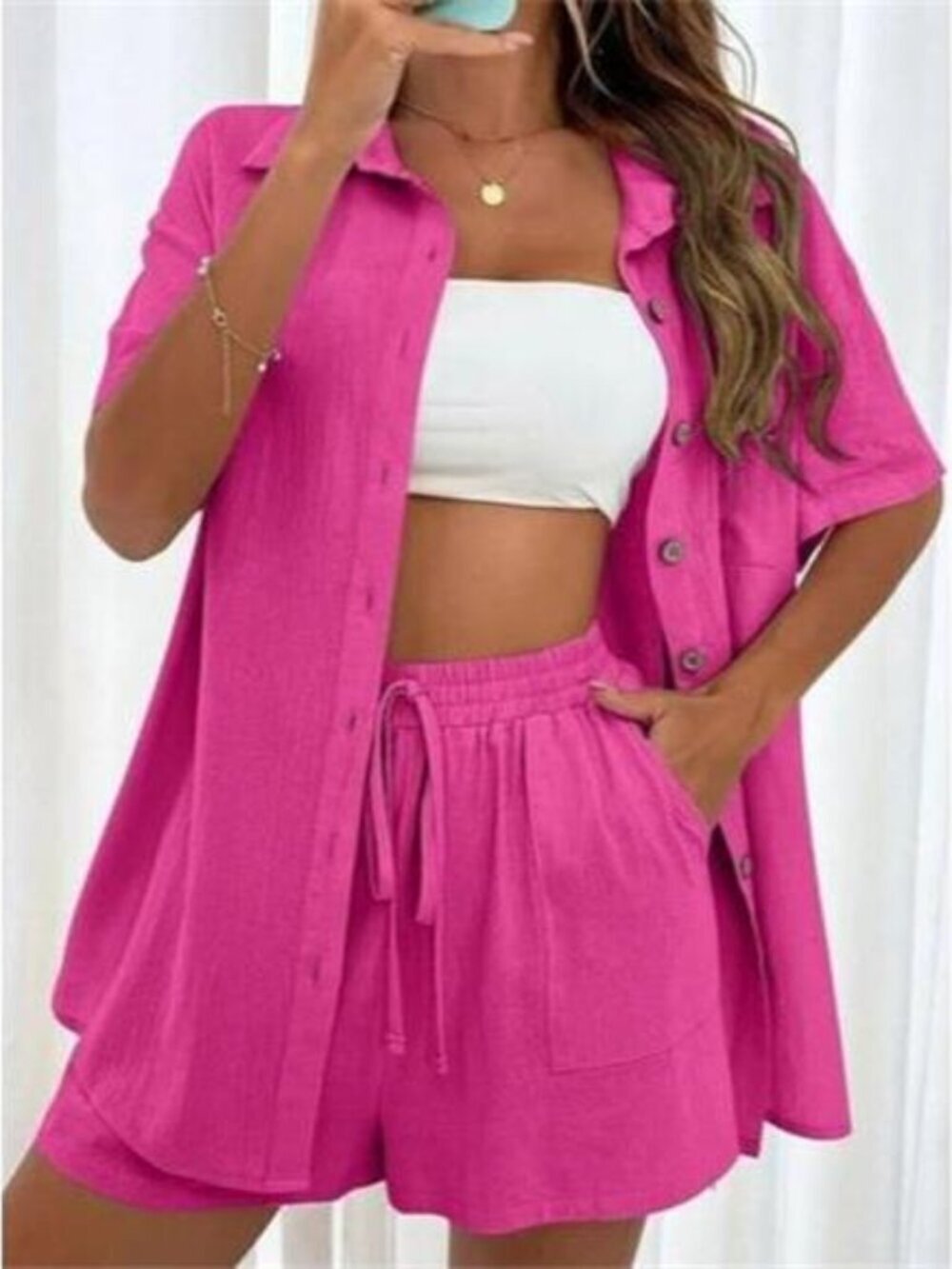 Button Down Shirt and Drawstring Shorts Set